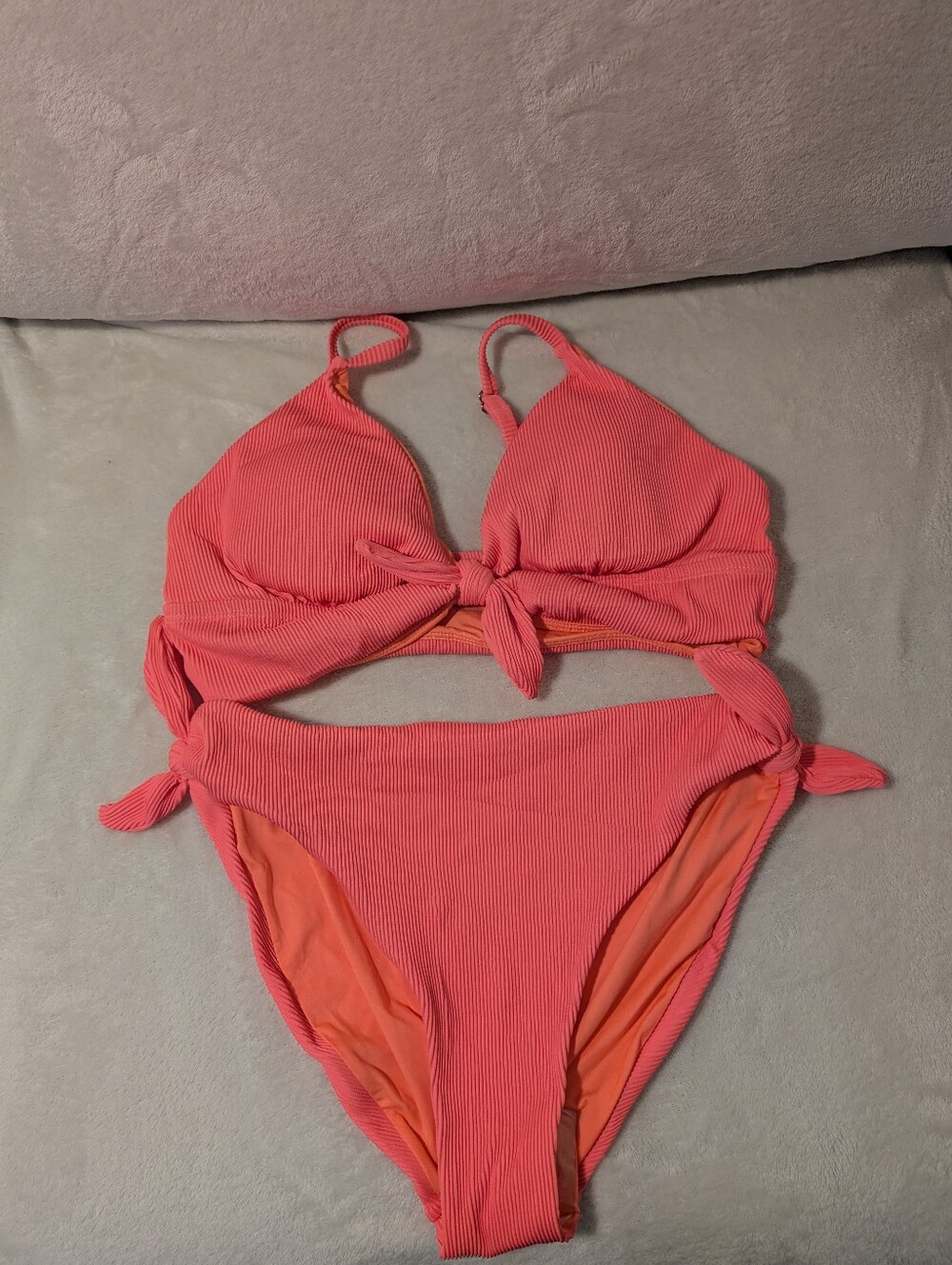 Wave Zone Coral Ribbed Tie Bikini Set Size M